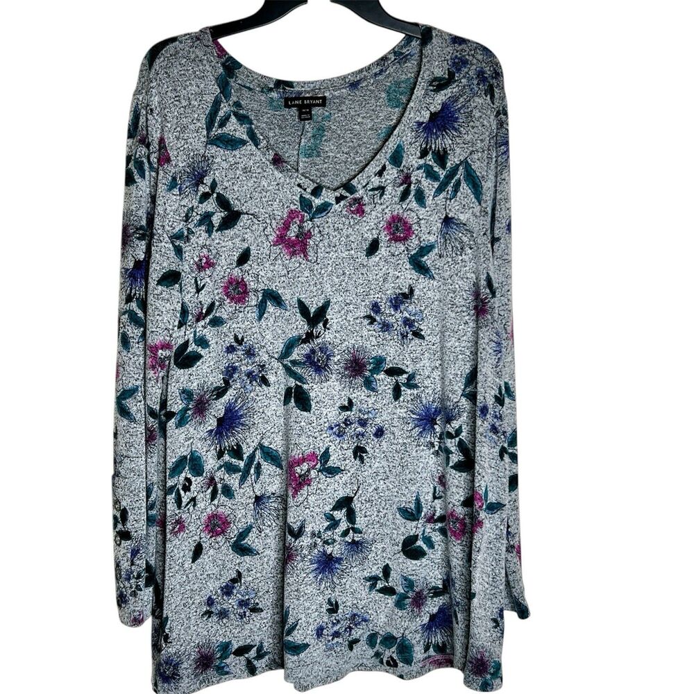 Lane Bryant Tunic Top Sz 14-16 Grey Floral Long Sleeves Loose Fit